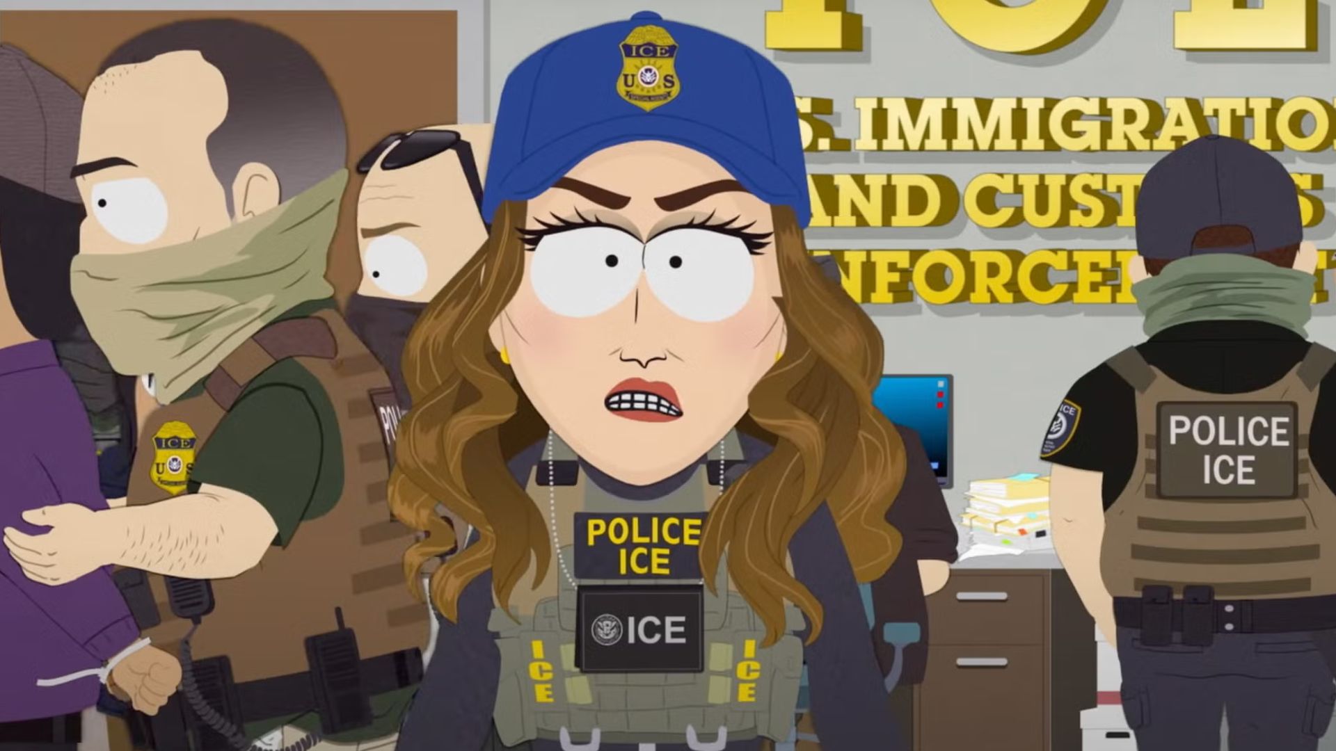 A South Park version of Kristi Noem at an ICE detention center with other officers behind her 