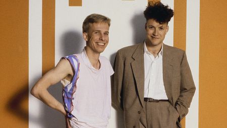 Posed portrait of musician Stephen Luscombe (left) and singer Neil Arthur of English synth-pop band 'Blancmange', July 1982. (Photo by Fin Costello/Redferns/Getty Images)