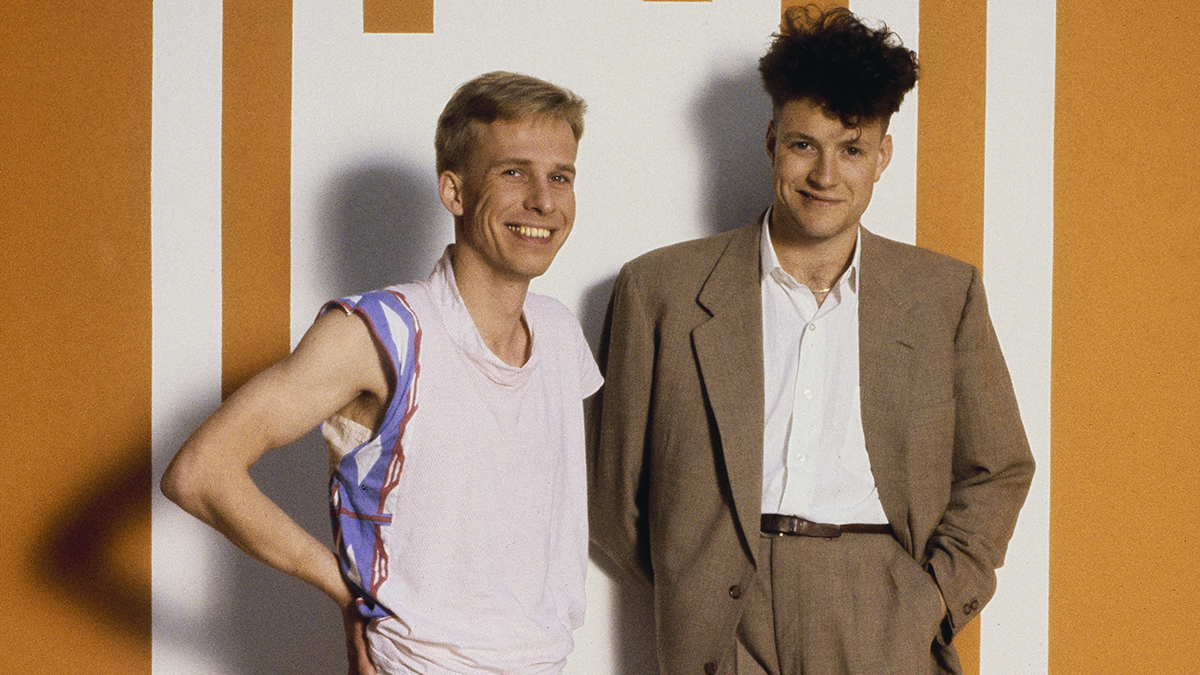Posed portrait of musician Stephen Luscombe (left) and singer Neil Arthur of English synth-pop band &#039;Blancmange&#039;, July 1982. (Photo by Fin Costello/Redferns/Getty Images)