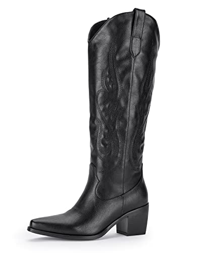 Pasuot Wide Calf Boots for Women - Black Cowboy Knee High Boots With Side Zip and Embroidery, Pointed Toe Western Cowgirl Outfit Boot Chunky Heel Tall Boot Pull on for Ladies Spring Fall 8.5 Wide