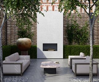 trellis, fireplace and outdoor seating The Cayman Collection by Andrew Martin
