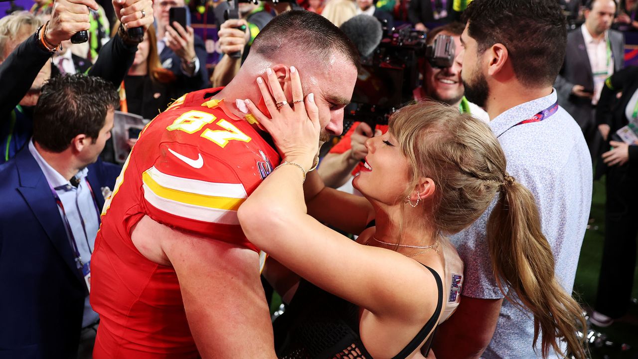 Travis Kelce and Taylor Swift celebrate the Kansas City Chiefs&#039; win at the 2024 Super Bowl.