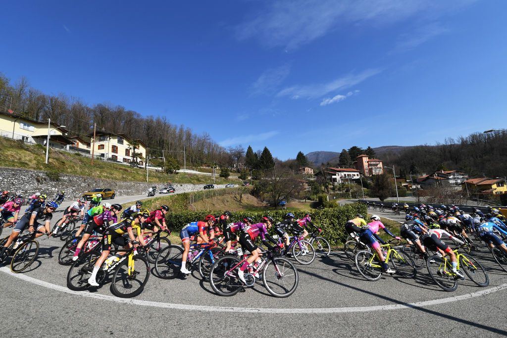 CITTIGLIO ITALY MARCH 21 Marianne Vos of Netherlands and Team Jumbo Visma Chantal Van Den Broek Blaak of Netherlands and Team SD Worx Pink UCI Womens WorldTour Leader Jersey Ashleigh Moolman Pasio of South Africa and Team SD Worx the peloton during the 45th Trofeo Alfredo BindaComune di Cittiglio 2021 Womens Elite a 1418km stage from Cocquio Trevisago to Cittiglio 257m Landscape TrBinda UCIWWT on March 21 2021 in Cittiglio Italy Photo by Tim de WaeleGetty Images