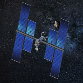 An artist's impression of the Roll Out Solar Array (ROSA) technology being used for deep space missions, such as NASA's Asteroid Redirect Mission.