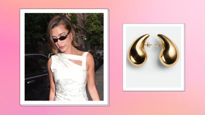 Hailey Bieber pictured wearing a white dress, black sunglasses and gold earrings - alongside a pair of gold Bottega Veneta drop earrings/ in a pink and orange template