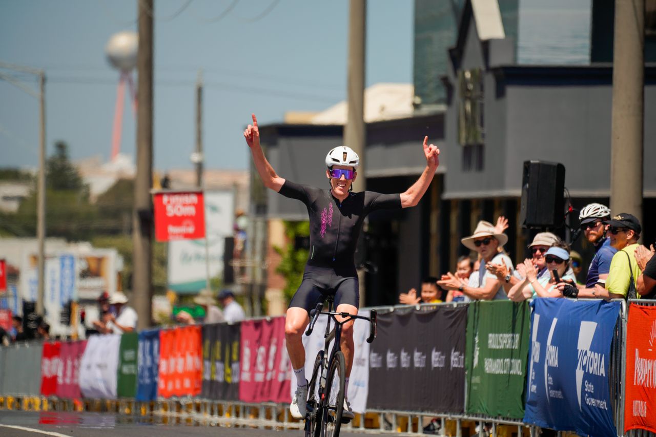Mark O'Brien gets his win at the 2024 Powercor Melbourne to Warrnambool, 267km from Avalon to Warrnambool