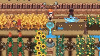 Roots of Pacha, a players stands in a farm with sunflowers, wheat, and other crops fed by irrigation.