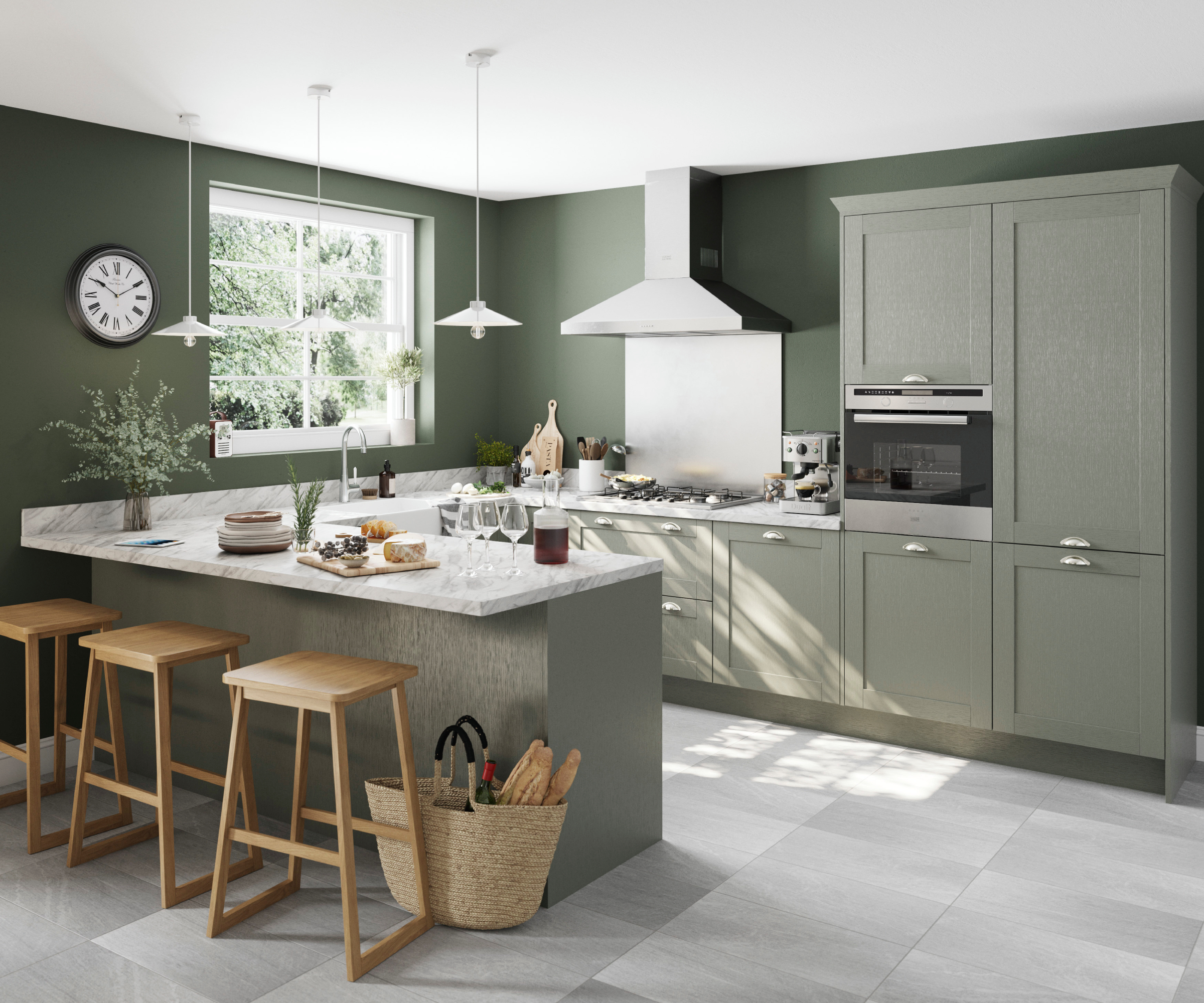 green painted kitchen cabinets in kitchen with island unit and stools