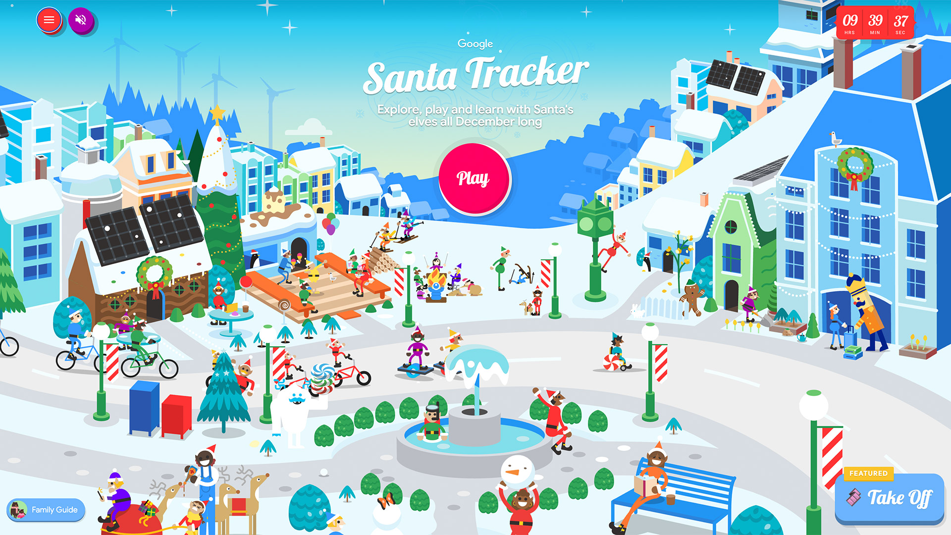 Screenshot showing Google's Santa Tracker homepage