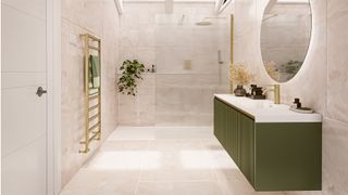 Neutral titled bathroom with a green fluted vanity unit sink and a fluted glass shower screen