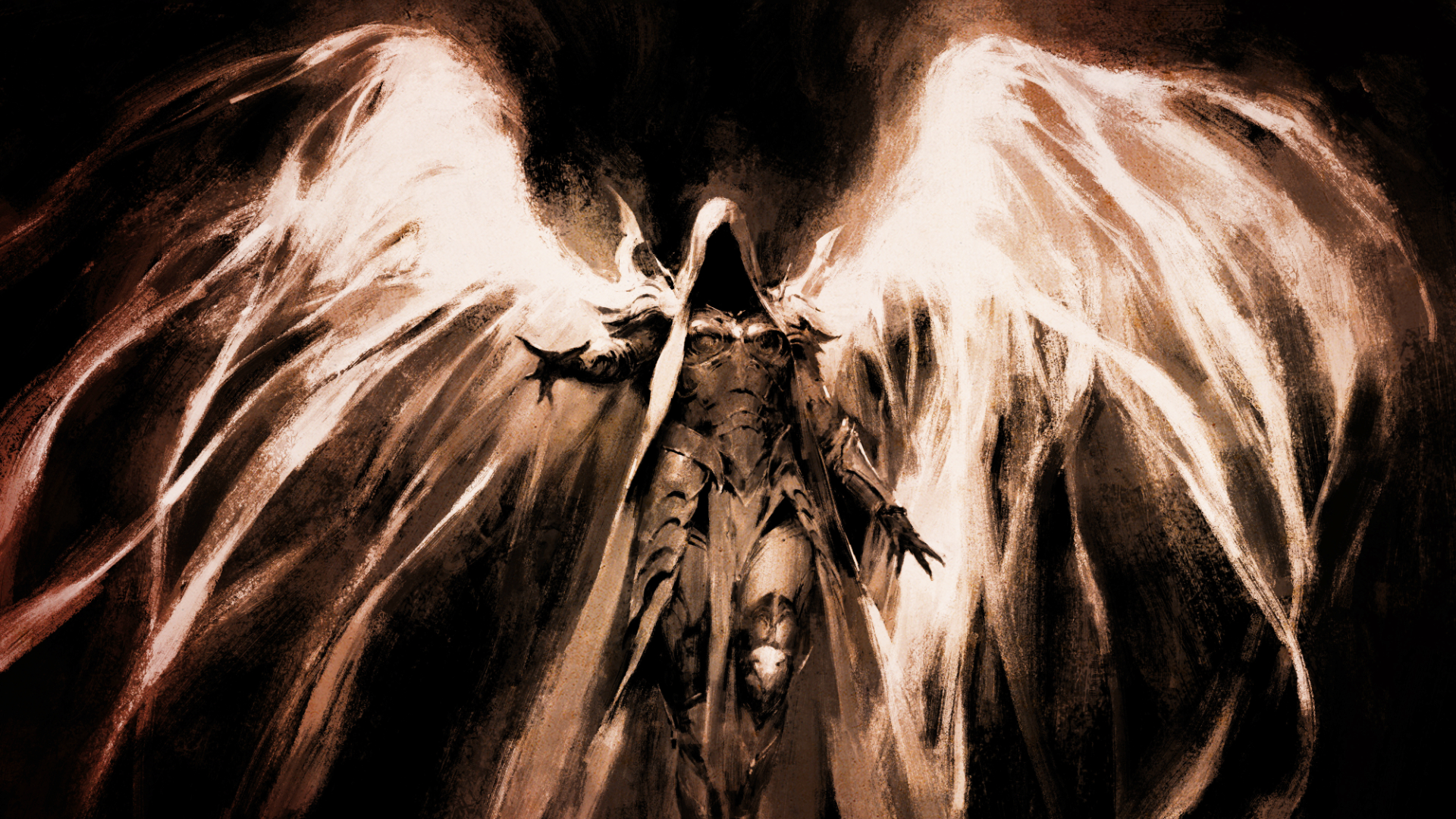 Diablo 5 angel character concept art featuring a winged figure wearing a cloak reaching out toward the viewer. 