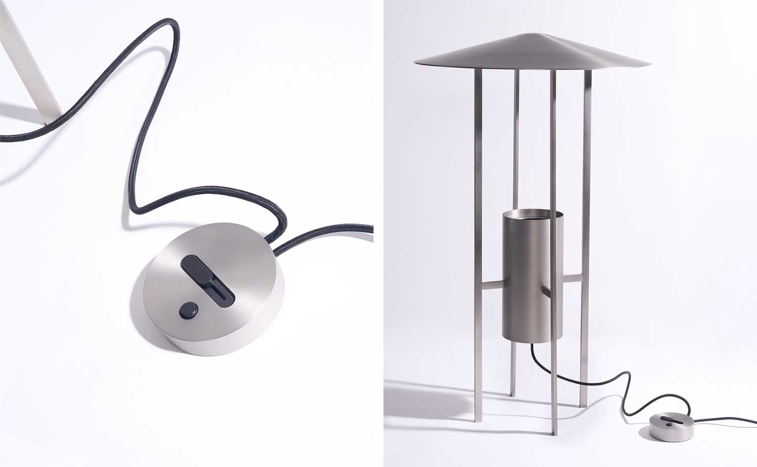 Metal lamp with cone shade and structural bottom half