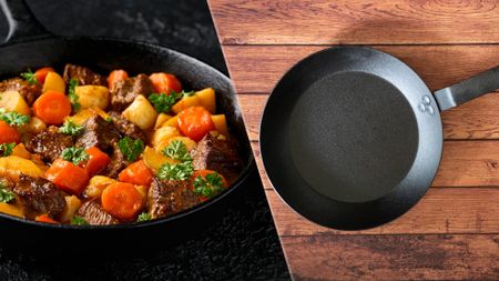 Cast iron pan side by side with carbon steel pan