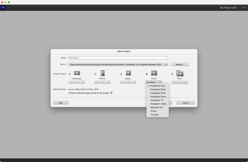 Screenshot of aspect ratio options in Adobe Premiere Elements video editing software