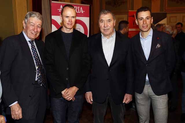Felice Gimondi, Chris Froome, Eddy Merckx and Vincenzo Nibali in Pinerolo.
