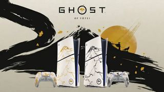 The Ghost of Yotei PS5 hardware on a key art background