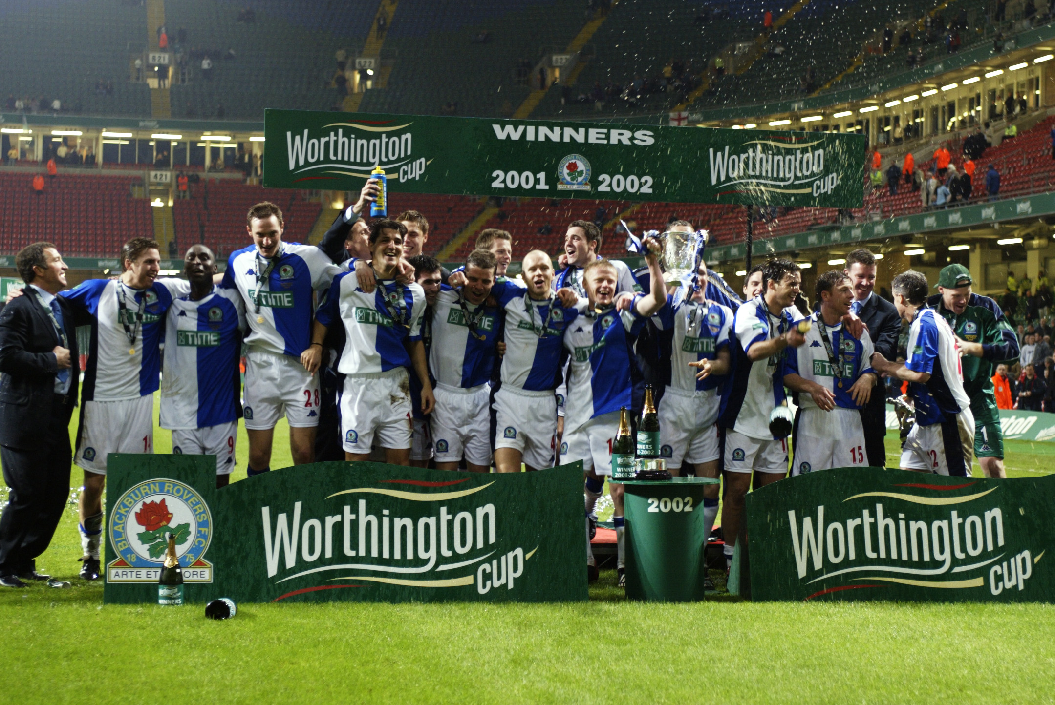 Blackburn Rovers players celebrate with the League Cup after beating Tottenham in the final in February 2002.