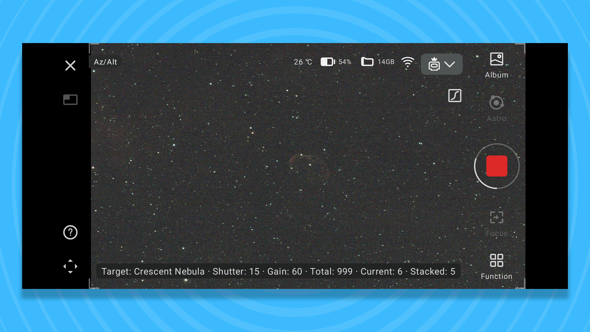 A gif showing the Dwarf III smart telescope's app during shooting, as the Crescent Nebula gradually appears