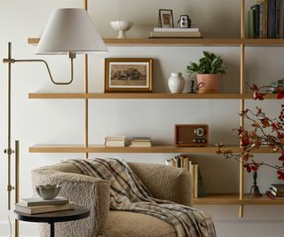 Magnolia Living Room with a chair and bookcase