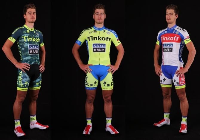 Peter Sagan (Tinkoff-Saxo) models all three team kits