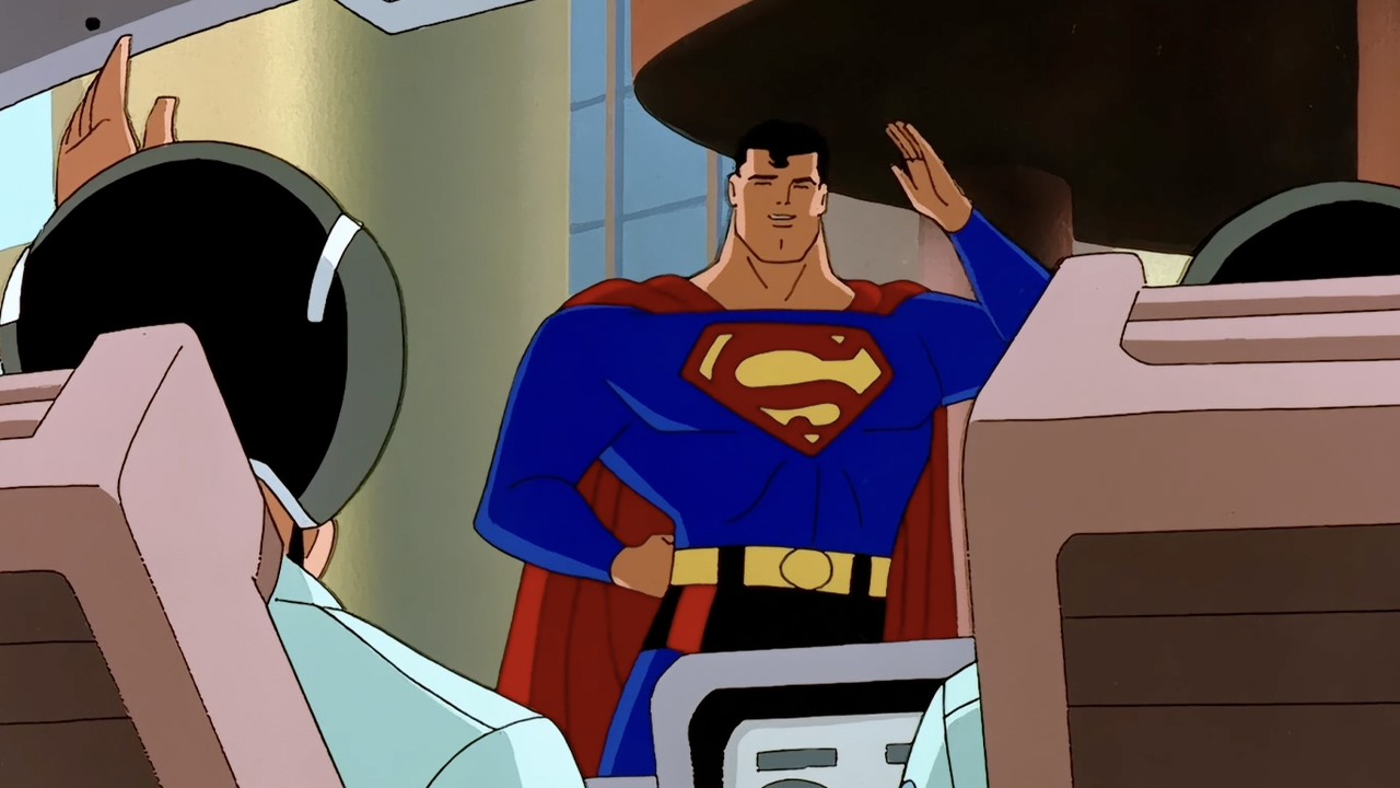 Superman waves at a pair of pilots in Superman: The Animated Series.