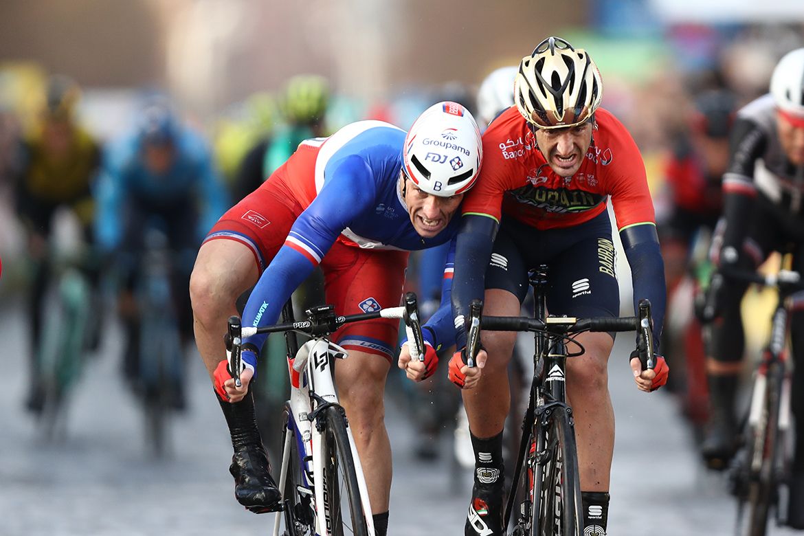 Arnaud D&eacute;mare (FDJ) leans in on Gorka Izagirre (Bahrain-Merida) after winning the photo finish