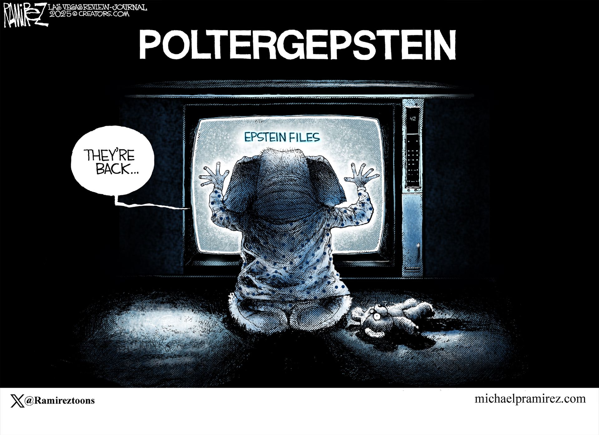 
                                This image is a takeoff on the Poltergeist film advertisement with the little girl in front of a television. This version has the title “Poltergepstein” across the top of the image. Instead of a little girl, an elephant in pajamas stares at a screen with the words “Epstein Files” and says “They’re back…”
                            