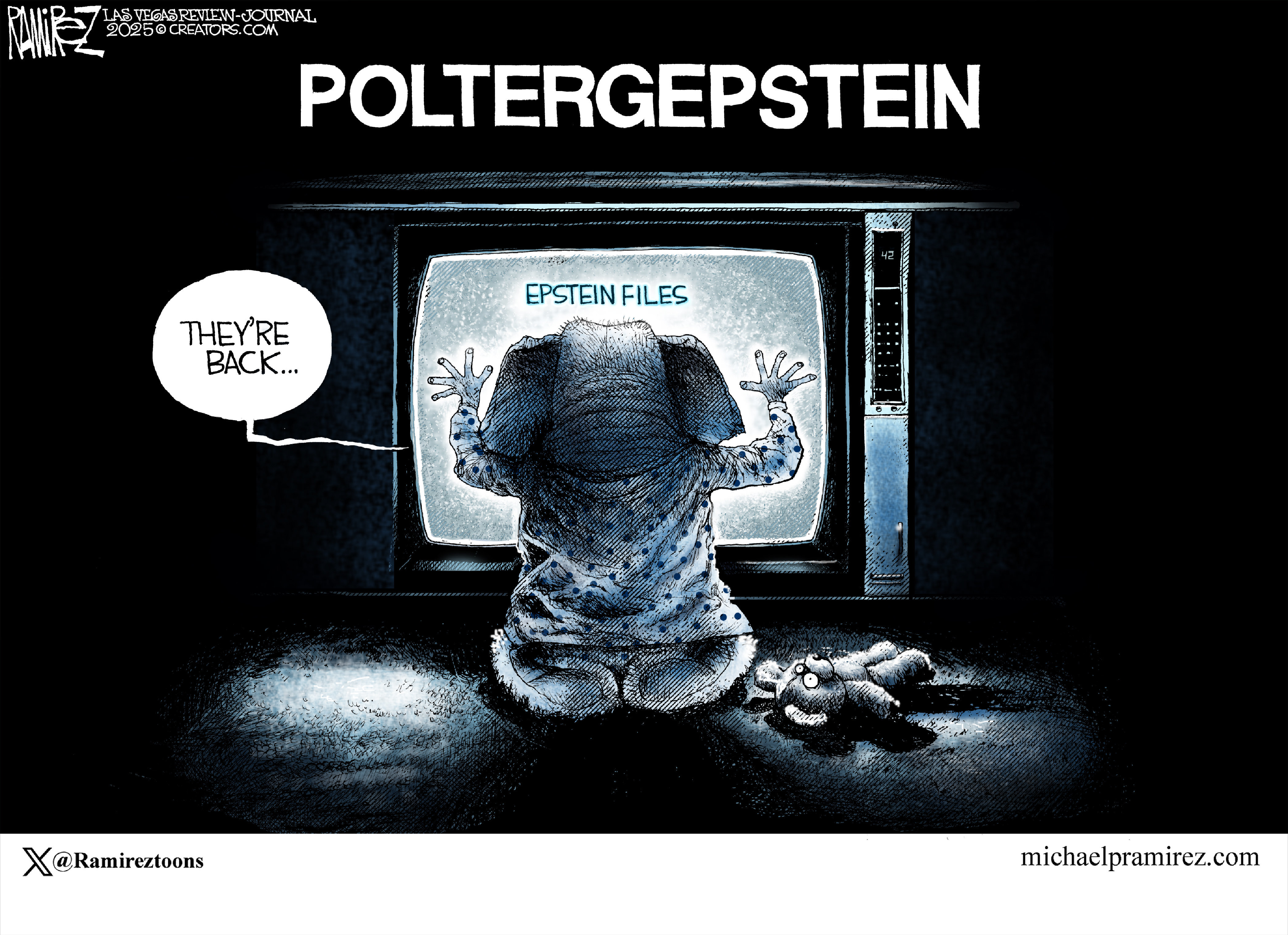 This image is a takeoff on the Poltergeist film advertisement with the little girl in front of a television. This version has the title &amp;ldquo;Poltergepstein&amp;rdquo; across the top of the image. Instead of a little girl, an elephant in pajamas stares at a screen with the words &amp;ldquo;Epstein Files&amp;rdquo; and says &amp;ldquo;They&amp;rsquo;re back&amp;hellip;&amp;rdquo;
