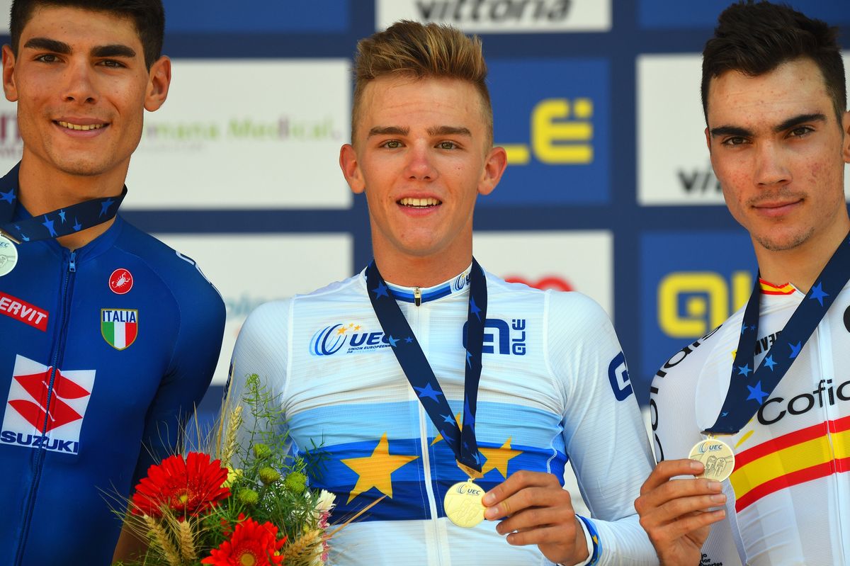 The U23 men's road race podium: Filippo Baroncini, Thibau Nys and Juan Ayuso