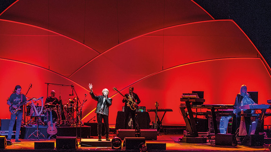 ARW (Jon Anderson, Trevor Rabin &amp; Rick Wakeman) live on stage against red backdrop