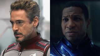 Tony Stark (Robert Downey Jr.) prepares to travel through time in Avengers: Endgame, while Kang the Conqueror (Jonathan Majors) speaks to Scott Lang in Ant-Man and the Wasp: Quantumania.