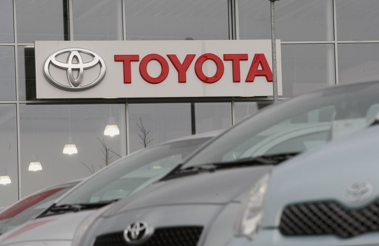 The Toyota logo at a car dealership