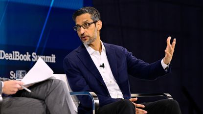 Google CEO Sundar Pichai speaking on stage during the New York Times Dealbook Summit 2024 at Jazz at Lincoln Center on December 04, 2024 in New York City.