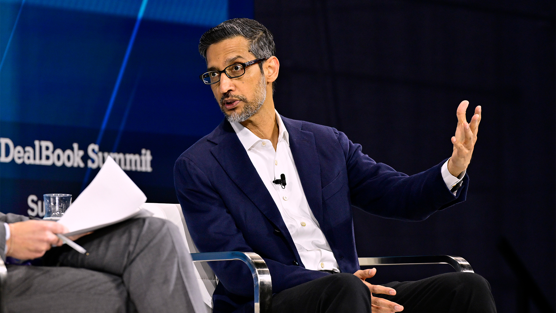 Google CEO Sundar Pichai speaking on stage during the New York Times Dealbook Summit 2024 at Jazz at Lincoln Center on December 04, 2024 in New York City.