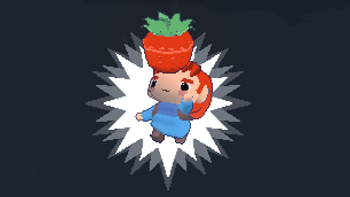 An image of a nintendo-64 styled Madeline, a young adventurous woman in a coat, celebrating her recent find of a strawberry in Celeste 64.