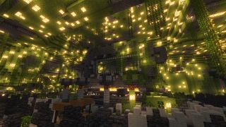 Minecraft ancient city build - A central portal surrounded by lush cave decorations, with deepslate and wood walkways.