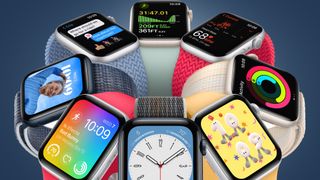 Flera Apple Watch 8-klockor med olika armband i en cirkel visas upp mot en blå bakgrund.
