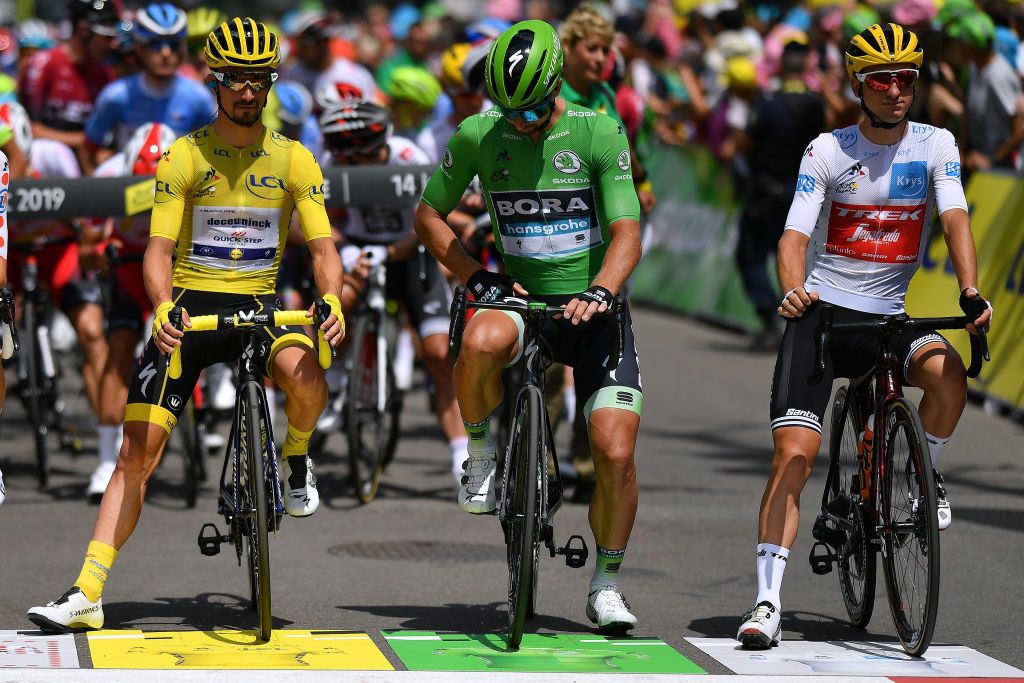 The jersey holders at the start: Tim Wellens, Julian Alaphilippe, Peter Sagan and Giulio Ciccone