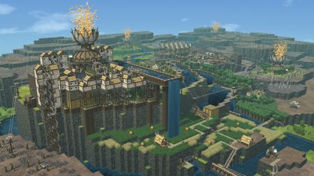 A large wododen castle on a cliff-face releases a cloud of balloons into the air in Timberborn.
