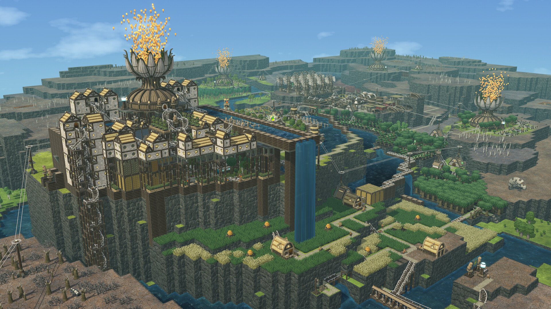 A large wododen castle on a cliff-face releases a cloud of balloons into the air in Timberborn.