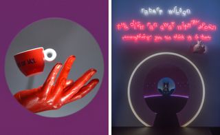 Red hand sculpture with floating red coffee cup on left, entrance on right with lit up writing on wall