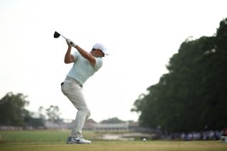 Rory McIlroy hits a tee shot at the 18th hole at Pinehurst No.2