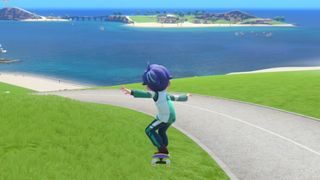 A screenshot showing a person skateboarding in Nintendo Switch Sports Resort