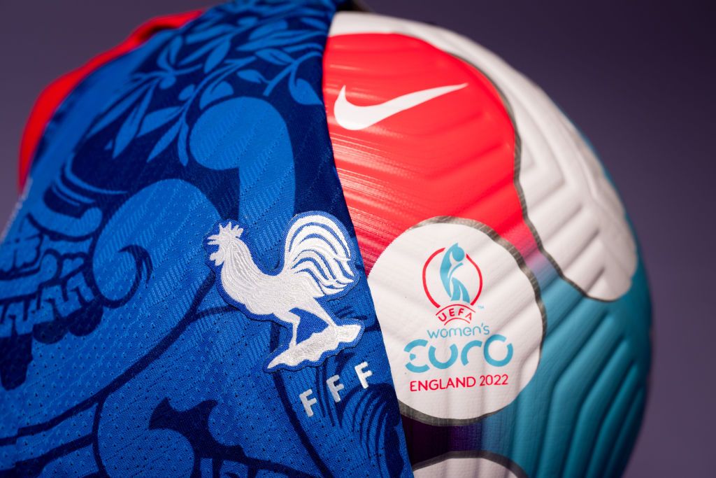 A view of the France jersey over the UEFA Women&#039;s EURO 2022 match ball during the UEFA Women&#039;s EURO 2022 Jersey Shoot at the UEFA Headquarters, The House of the European Football, on June 28, 2022 in Nyon, Switzerland.