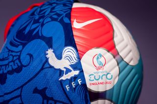 A view of the France jersey over the UEFA Women's EURO 2022 match ball during the UEFA Women's EURO 2022 Jersey Shoot at the UEFA Headquarters, The House of the European Football, on June 28, 2022 in Nyon, Switzerland.