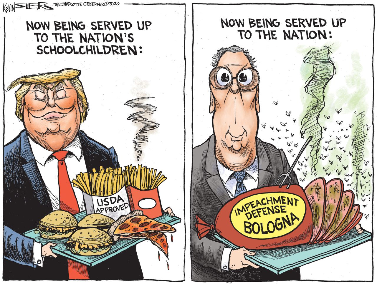 Political Cartoon U.S. Trump Mitch McConnell impeachment school lunches bologna lies