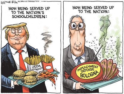Political Cartoon U.S. Trump Mitch McConnell impeachment school lunches bologna lies