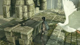 Main character stands in front of a woman's body on a stone tablet with a dove in the foreground in Shadow of the Colossus