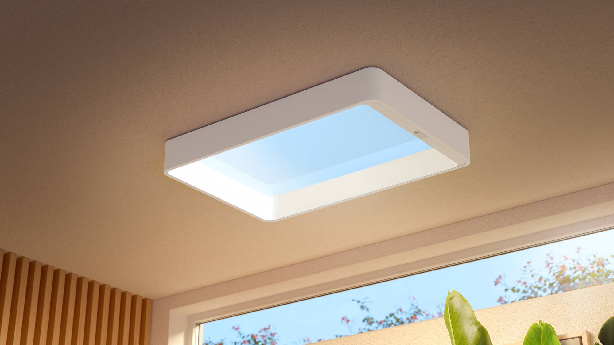 The Philips Skylight attached to a home ceiling mimicking a blue sky 