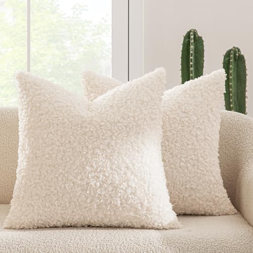 Miulee Pack of 2 Faux Fur Throw Pillow Covers 18x18 Inch Neutral White Boucle Decorative Sherpa Pillow Covers Fuzzy Accent Soft Sheepskin Fleece for Boho Home Decor Sofa Living Room Couch Bed